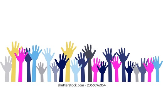 Colorful raised hands group art therapy vector illustration. Hands in paint of different colors raised up art, party, joy and fun, friendship or group therapy symbols. Many children arms together.