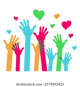 The Colorful Raised Hands With Heart For Volunteer and Voting Concept Isolated On White Background