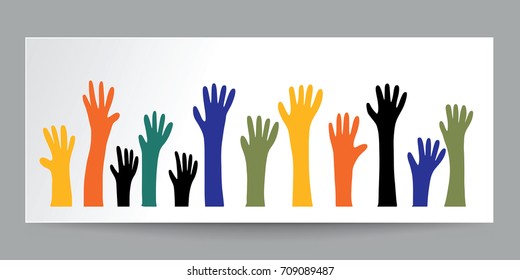 Colorful raised hands on white paper and real shadow. illustrator vector flat design.