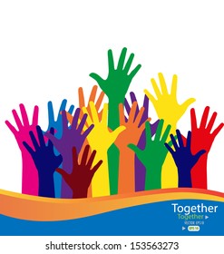 Colorful raised hands. Vector illustration.