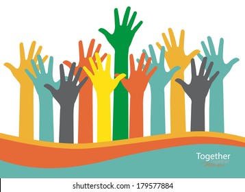 Colorful raised hands. Vector illustration.