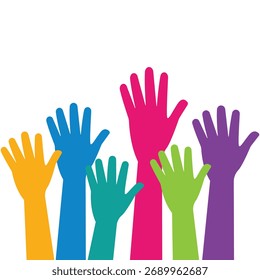 Colorido Vector de manos levantadas. Símbolo de unidad, diversidad y comunidad. Ilustración vectorial por la unidad, trabajo en equipo.