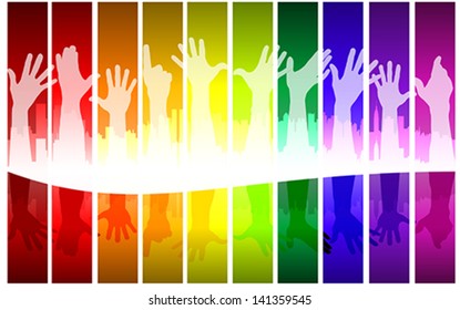 Colorful raising hands, vector. Voting and celebration concept