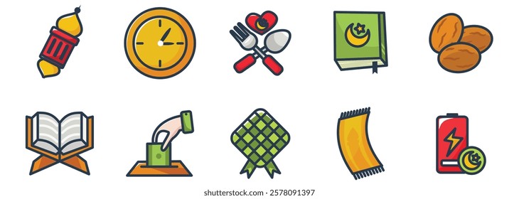 colorful ramadan elements set icons with filled line art style a mosque minaret, clock, heart with utensils, islamic book, dates, holy qur'an, alms, rice cake, prayer mat, with energy for fasting