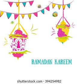 Colorful Ramadan Kareem Background with Lamps (Fanoos) and festive flag garlands. Can be used as Ramadan Kareem greeting card. Vector