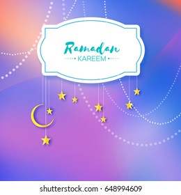 Colorful Ramadan Kareem. Hanging arabic gold stars and crescent moon. Moon Ramadan. Space for text. Frame. Garland. Vector