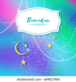 Colorful Ramadan Kareem. Hanging arabic gold stars and crescent moon. Moon Ramadan. Space for text. Frame. Garland. Vector