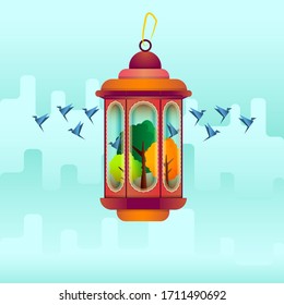Colorful ramadan lantern with garden inside and origami birds flying out