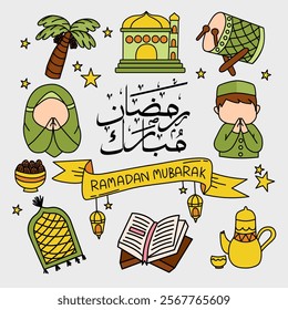 Colorful Ramadan Mubarak Doodle Illustration Featuring Islamic Elements Like Mosque, Quran, Lanterns, Palm Tree, Drum, Dates, Ketupat, and Praying Muslim Children in Green Theme