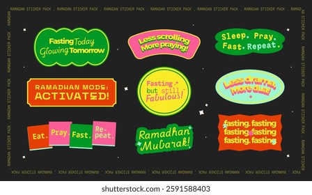 Colorful ramadan sticker pack, futuristic y2k ramadan patches, labels, tags, stickers, retro style badge. Stickers in funky hipster groovy 90s style. Vector set, trendy ramadan labels