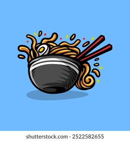 Colorful ramen bowl noodle line art sketch classic vintage design illustration