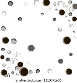 Colorful random circles dots rings spirals forming diagonal path. Abstract vector background. Isolated flying rotating circular elements isolated. Holiday decorations, paper packaging, textile design.