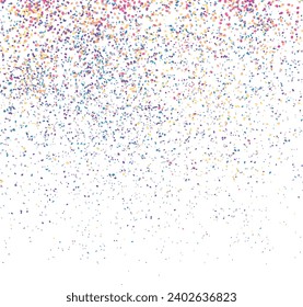 Coloridos puntos aleatorios, formas, partículas de confeti en caída aisladas sobre fondo blanco.