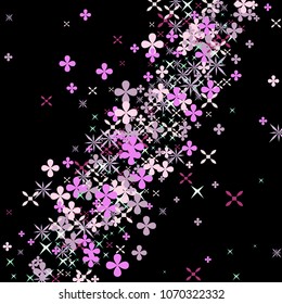 Colorful random flowers forming diagonal path. Abstract vector background. Isolated flying rotating floral elements isolated. Vector illustration. Holiday decoration, paper packaging, textile design.
