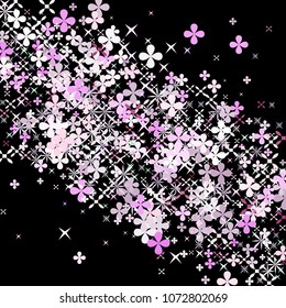 Colorful random flowers forming diagonal path. Abstract vector background. Isolated flying rotating floral elements isolated. Vector illustration. Holiday decoration, paper packaging, textile design.
