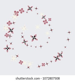 Colorful random flowers forming spiral. Abstract vector confetti background. Floral elements isolated. Decorative Vector illustration. Holiday decoration, paper packaging, textile design
