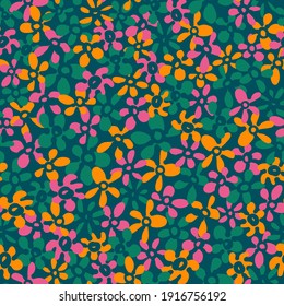 Flores vectoriales abstractas coloridas colocadas al azar sin fisuras recortadas con fondo verde.