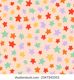 Colorful, random placed stars seamless repeat pattern. Vector, retro shapes all over surface print.