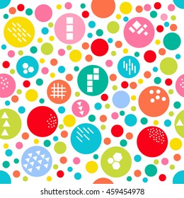 Colorful random polka dot of different size background. Vivid funny festive background. Different geometric shapes texture. Abstract circles seamless pattern. Vector illustration.