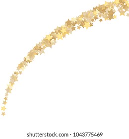 Colorful random stars forming arc shaped strand . Abstract confetti vector background of flying rotating celestial elements. Vector illustration. Decorations, paper packaging, textile design