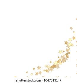 Colorful random stars forming arc shaped strand . Abstract confetti vector background of flying rotating celestial elements. Vector illustration. Decorations, paper packaging, textile design