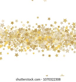Colorful random stars forming horizontal path. Abstract vector background. Flying stars  isolated on black. Vector illustration. Holiday decorations, paper packaging, textile design