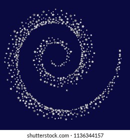 Colorful random stars forming a spiral. Confetti swirl object. Isolated gradient celestial elements. Silver metal glitter. Holiday celebration luminous vector template for decorations