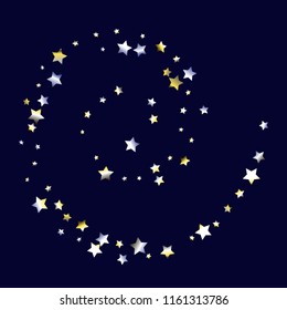 Colorful random stars forming a spiral. Swirl object. Isolated yellow blue white  grey  gradient stellar elements. Festive iridescent holographic shine vector template for celebration decoration