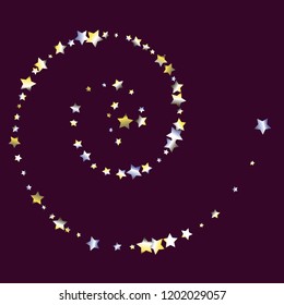 Colorful random stars forming a spiral. Swirl object. Isolated yellow blue white  grey  gradient stellar elements. Holiday celebration luminous glossy vector template for celebration decoration