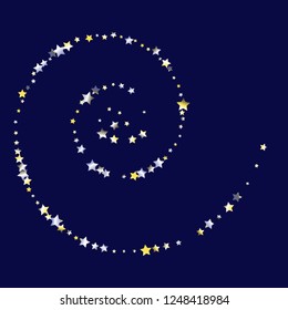 Colorful random stars forming a spiral. Swirl object. Isolated yellow blue white  grey gradient celestial elements. Iridescent glitter festive celebration vector template for celebration decoration