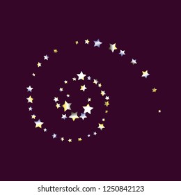 Colorful random stars forming a spiral. Swirl object. Isolated yellow blue white grey gradient stellar elements. Holiday celebration luminous glossy vector template for celebration decoration