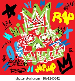 Colorful rap print with skull and text drawn by hand. Sketch, doodle, scribble. Vector illustration.