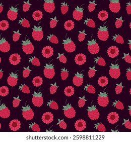 Colorful raspberry and floral pattern on dark background ideal for fabric and wallpaper design
