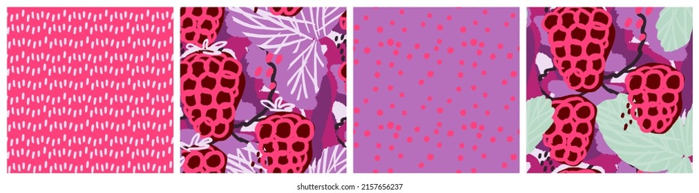 Colorful Raspberry Seamless Pattern Set With Modern Abstract Graphic In Pink, Mahogany, Mint And Lilac Eye Catching Colors. Kitchen Textile, Product Packaging Background, Fabric Print Vector Design.