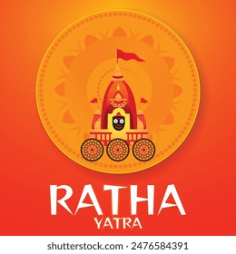 Colorful Ratha Yatra festival illustration with a decorated chariot and bright orange background. Ideal for celebrating this vibrant Hindu event.