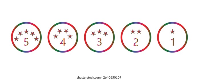 Colorful Rating Icons, circles with stars and numbers ranging 5 Star to 1 Star.