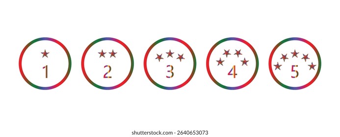 Colorful Rating Icons, circles with stars and numbers ranging 5 Star to 1 Star.