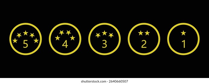 Colorful Rating Icons, circles with stars and numbers ranging 5 Star to 1 Star.