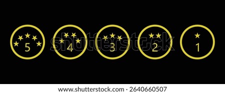 Colorful Rating Icons, circles with stars and numbers ranging 5 Star to 1 Star.