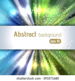 Colorful rays background with place for text. Abstract motion blur background with power explosion. Vector illustration. Blue, green colors. 