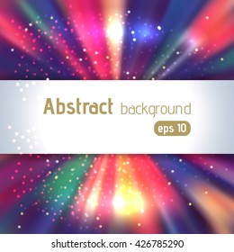 Colorful rays background with place for text. Abstract motion blur background with power explosion. Vector illustration. Pink, orange, purple, blue colors. 