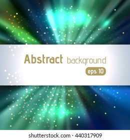 Colorful rays background with place for text. Abstract motion blur backdrop with power explosion. Vector illustration. Green, blue colors. 