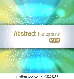 Colorful rays background with place for text. Abstract motion blur  backdrop  with power explosion. Vector illustration. Light yellow, green, blue colors. 