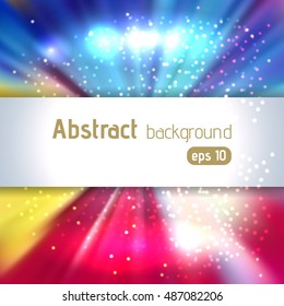 Colorful rays background with place for text. Abstract motion blur background with power explosion. Vector illustration. Blue, pink, yellow colors