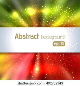 Colorful rays background with place for text. Abstract motion blur background with power explosion. Vector illustration. Green, red colors