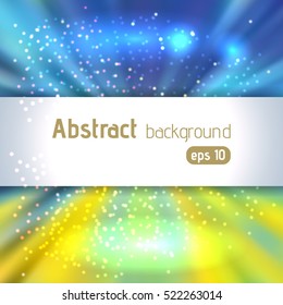 Colorful rays background with place for text. Abstract motion blur background with power explosion. Vector illustration.  Yellow, blue, green colors. 