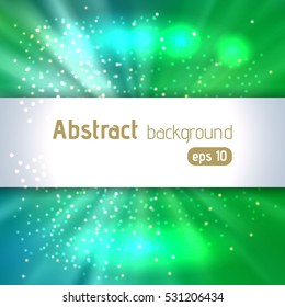 Colorful rays background with place for text. Abstract motion blur background with power explosion. Vector illustration. Green, blue colors. 