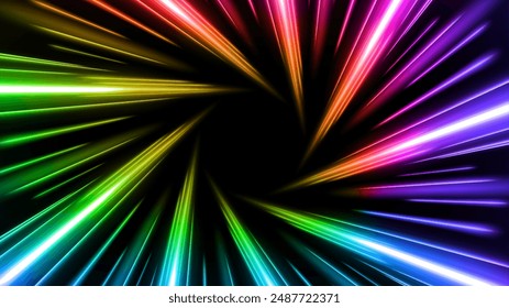 Colorful Rays Zoom in Motion Effect, Swirl Light Color Trails, Vector Illustration