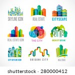 Colorful real estate, city and skyline icons, vector illustrations