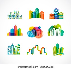 Colorful real estate, city and skyline icons, vector illustrations